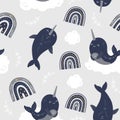 Cute magic narwhals seamless pattern, witchcraft rainbows